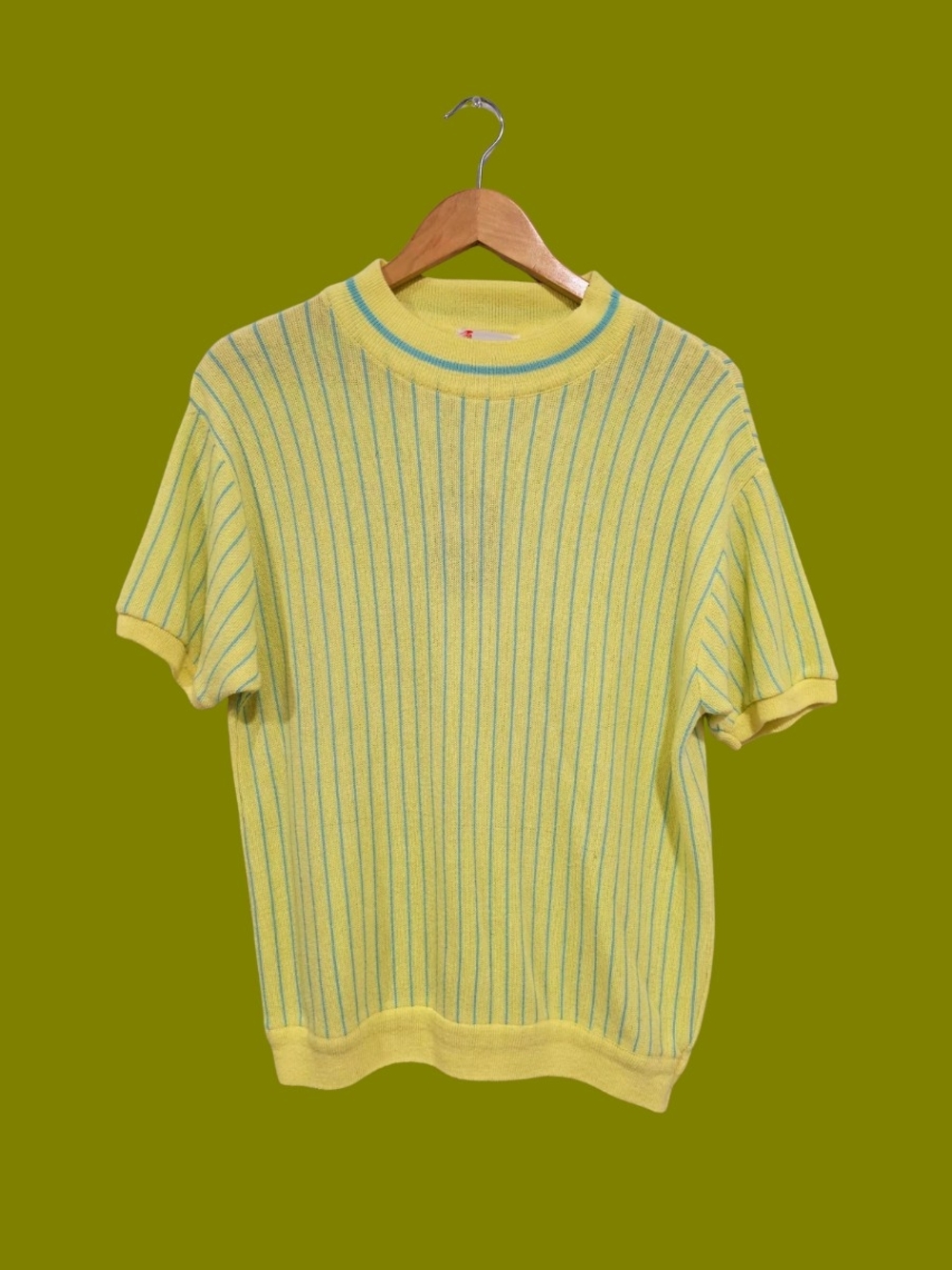 Vintage Yellow Short Sleeve Knit Tee with Thin Blue Stripes